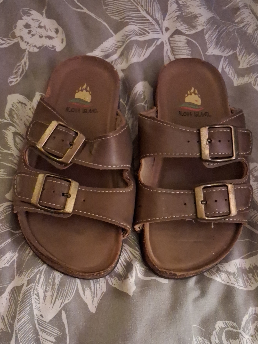Aloha Island Kids Brown Double-Strap Slides with Gold Buckles